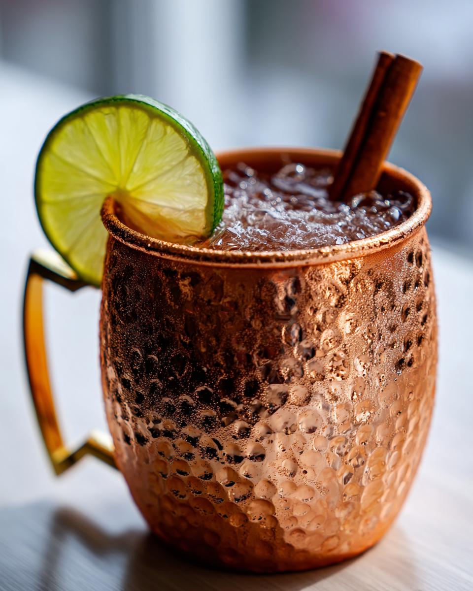 Close-up of a frosty apple cider moscow mule garnished with a lime wheel and cinnamon stick in a hammered copper mug.