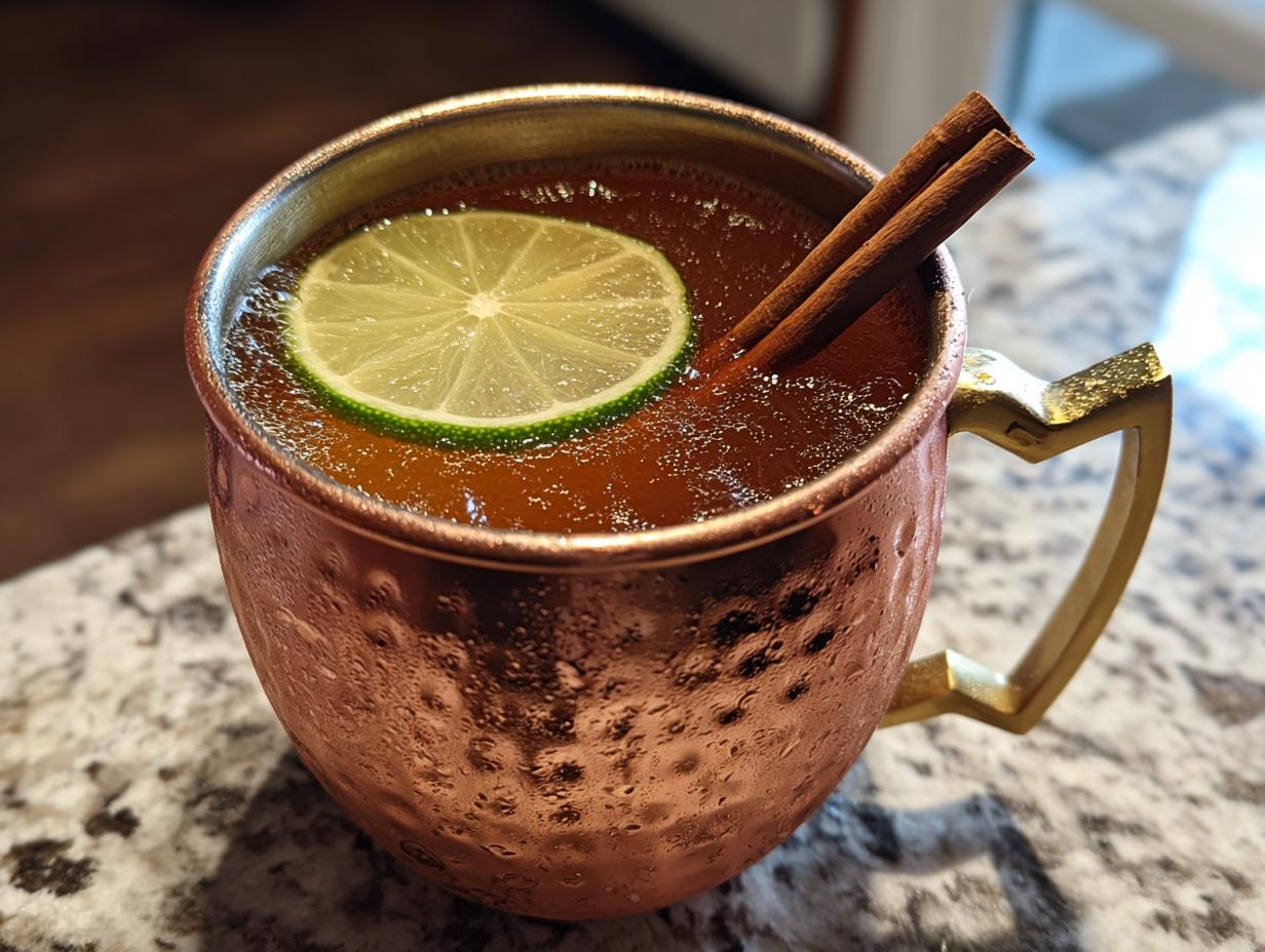 Close-up of a fizzy apple cider moscow mule garnished with a lime wheel and cinnamon sticks in a hammered copper mug.