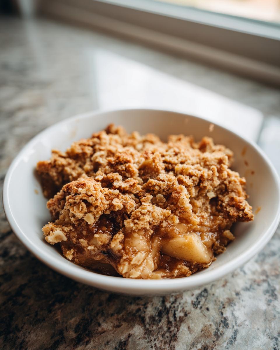 Close-up of a warm serving of apple crisp recipe with a thick, golden oat topping in a white bowl.