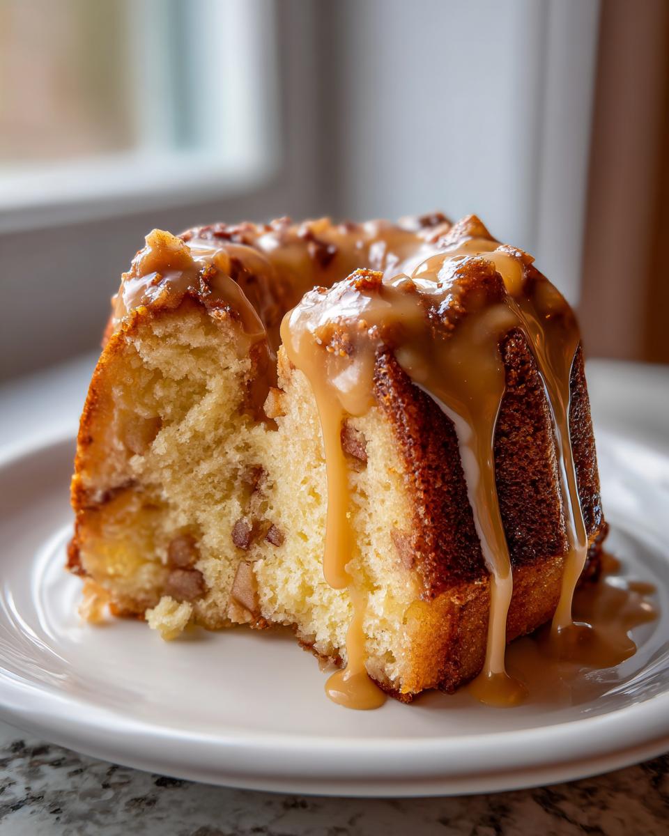 A close-up of a slice of moist apple dapple cake topped generously with dripping caramel sauce.