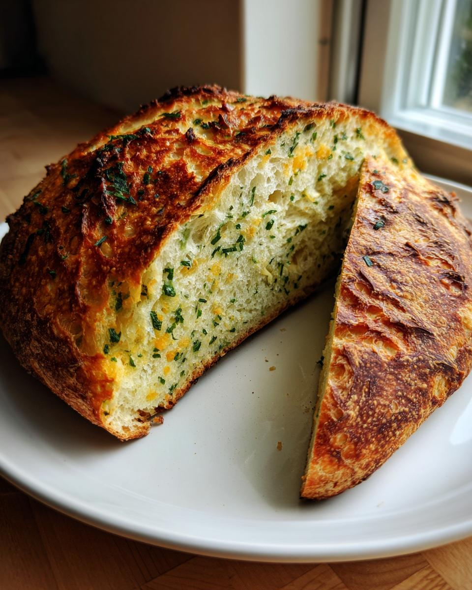 A golden-crusted artisan bread loaf, sliced open to show a soft interior studded with green herbs and yellow cheese.