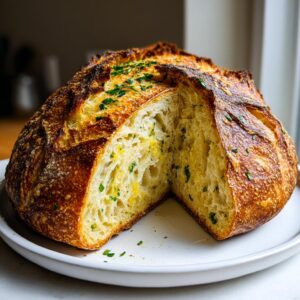 A freshly baked artisan bread loaf, cut to show the airy interior filled with garlic butter and herbs.