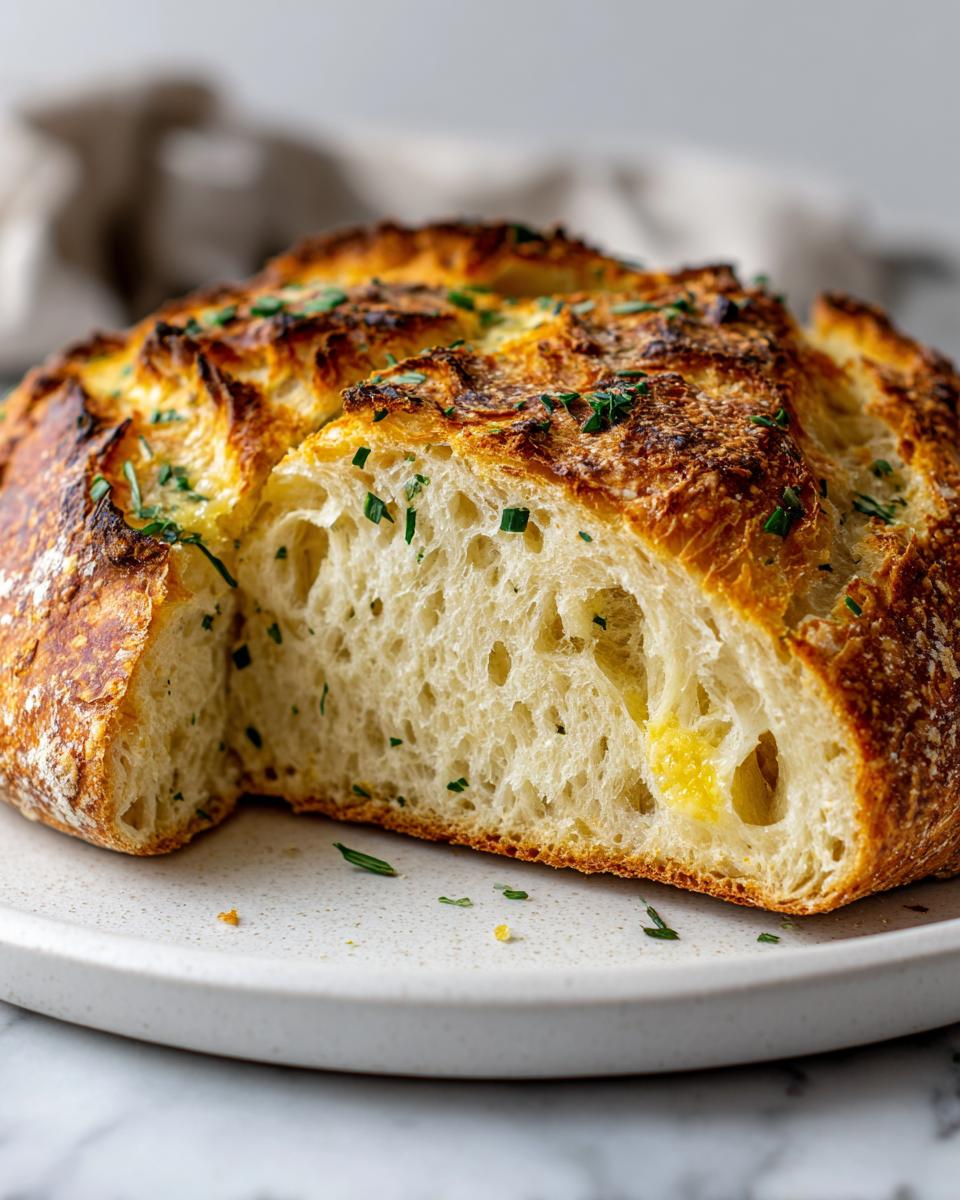 A close-up of a freshly baked artisan bread loaf, sliced open to show the airy crumb and melted butter, topped with fresh herbs.