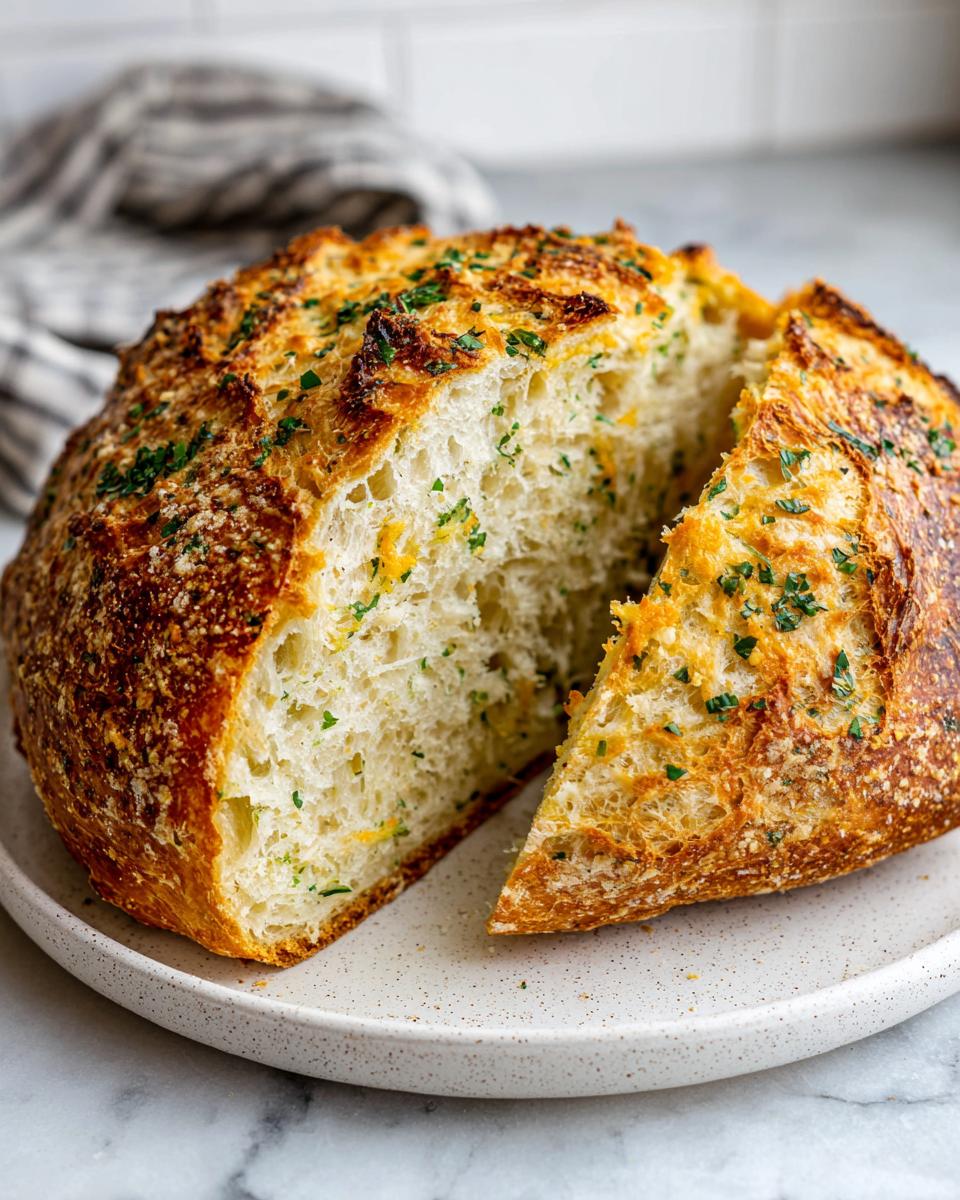 A freshly baked, round loaf of artisan bread, cut to show the soft interior with herbs and cheese.