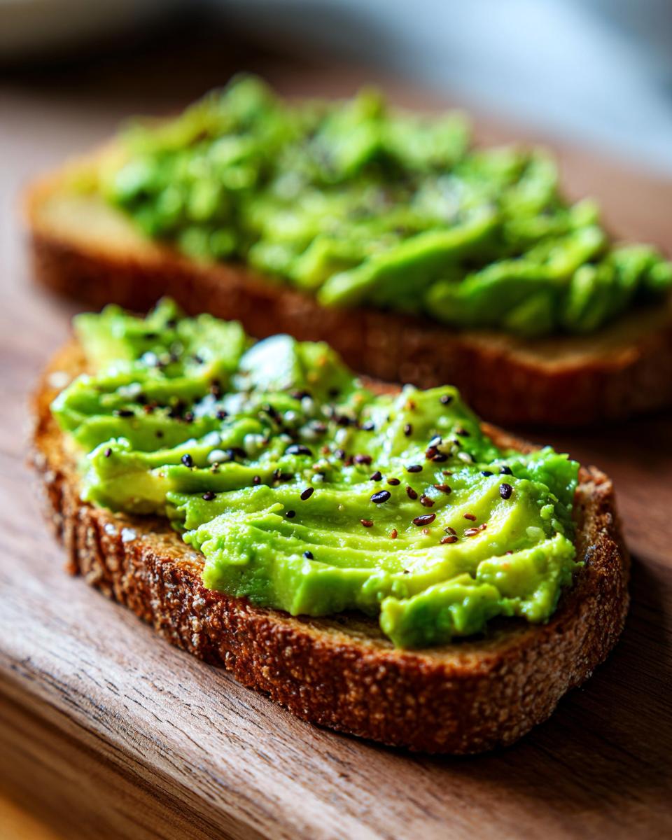 Close-up of two slices of avocado toast topped with bright green smashed avocado and black sesame seeds.