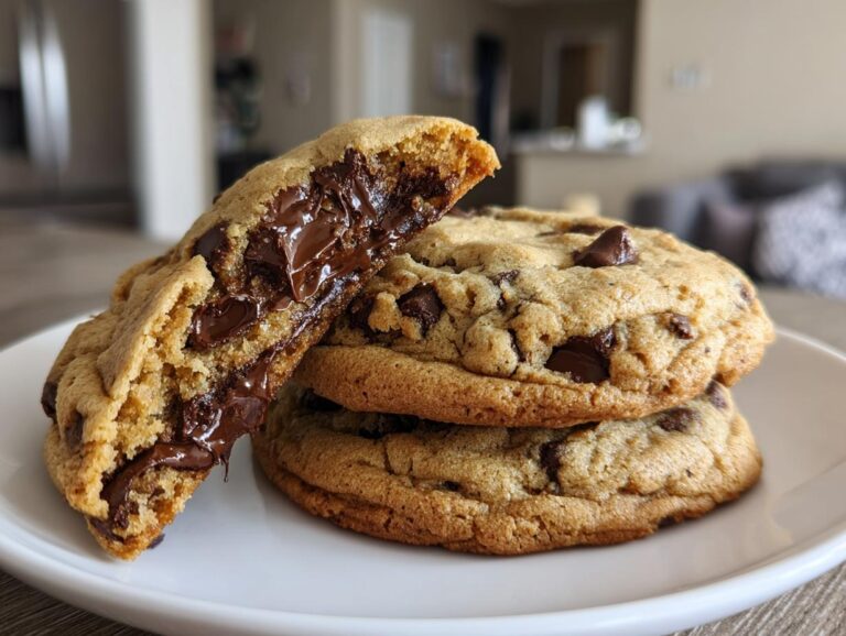 A close-up of an awesome chocolate chip cookie broken in half showing gooey, melted chocolate inside, stacked on others.