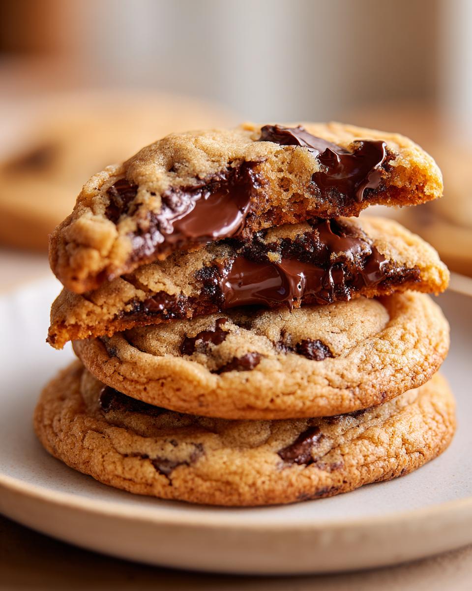 Close-up of a stack of three gooey chocolate chip cookie halves showing melted chocolate centers.