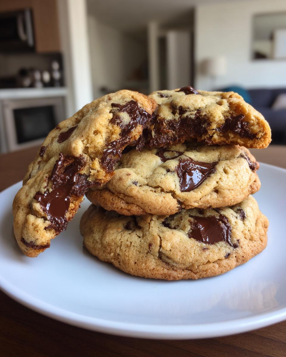 A stack of three thick, chewy chocolate chip cookie, with the top one broken open revealing melted chocolate.