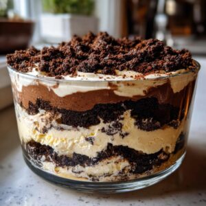 Close-up of a layered Baileys Chocolate Cheesecake Trifle showing chocolate cake, cream cheese layers, and crumb topping.