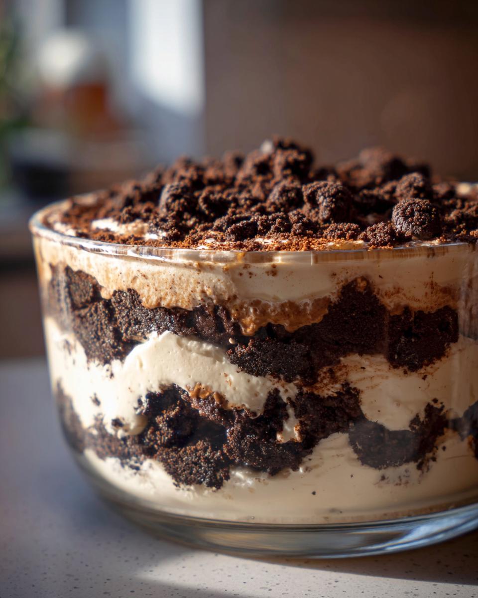 Close-up of a rich Baileys Chocolate Cheesecake Trifle layered with dark chocolate cake and cream filling, topped with crumbs.