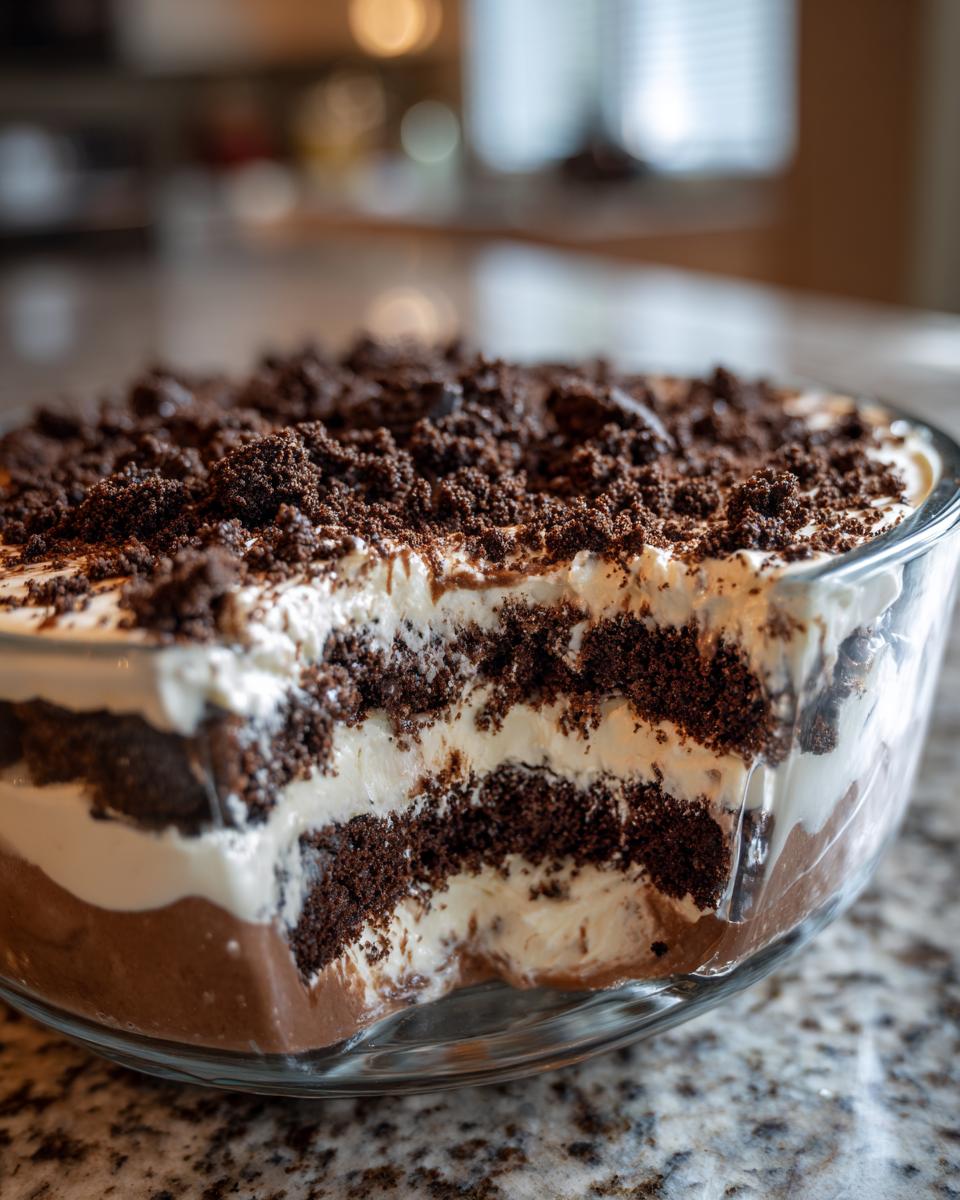 Close-up of a Baileys Chocolate Cheesecake Trifle showing rich layers of chocolate cake, cream filling, and cookie crumbs.