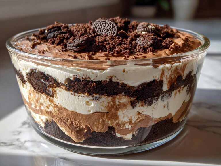 Close-up of a layered Baileys Chocolate Cheesecake Trifle featuring dark cake, white cream, and chocolate mousse topped with crushed cookies.