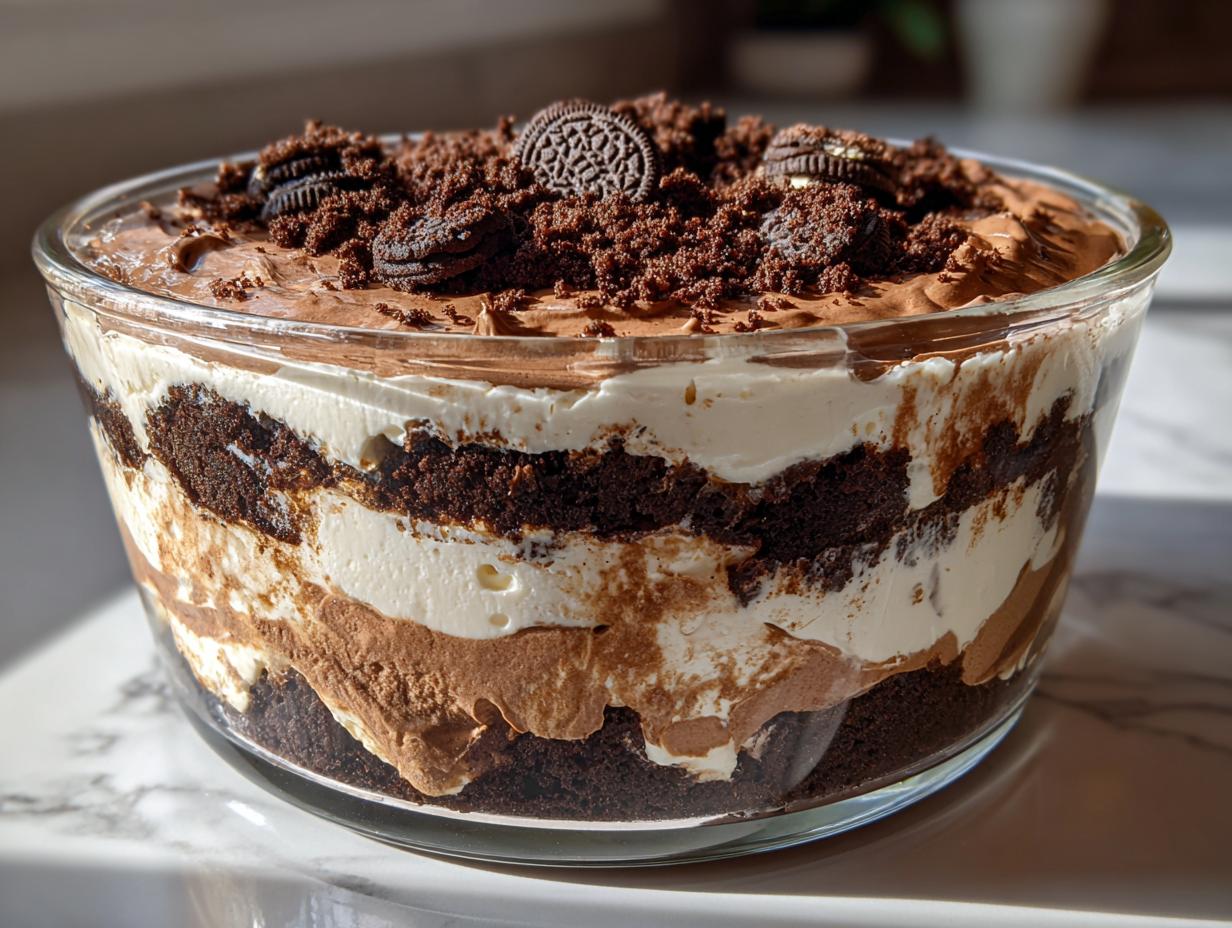 Close-up of a layered Baileys Chocolate Cheesecake Trifle featuring dark cake, white cream, and chocolate mousse topped with crushed cookies.