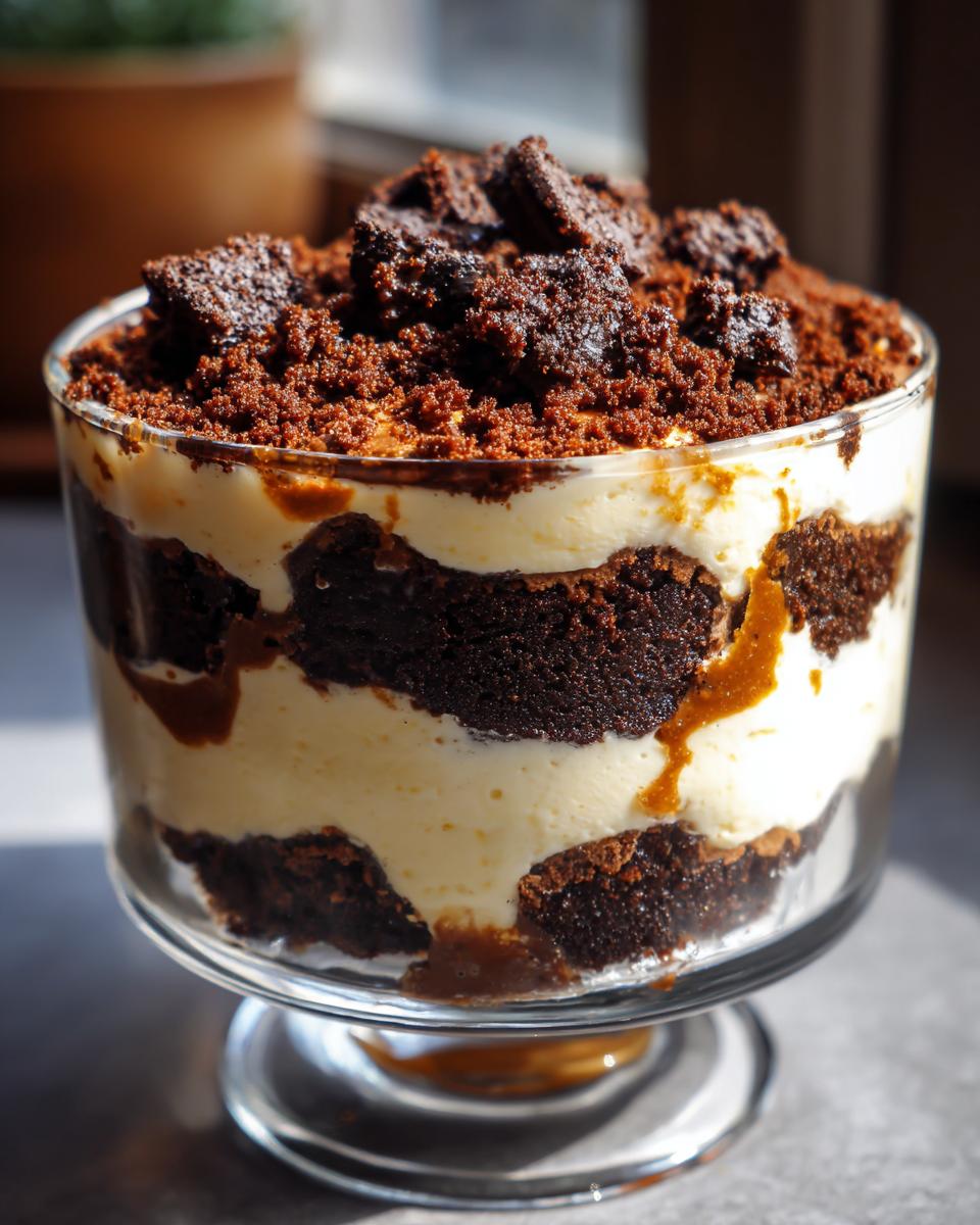 A layered Baileys Chocolate Cheesecake Trifle featuring dark chocolate cake, creamy filling, and chocolate crumbles on top.