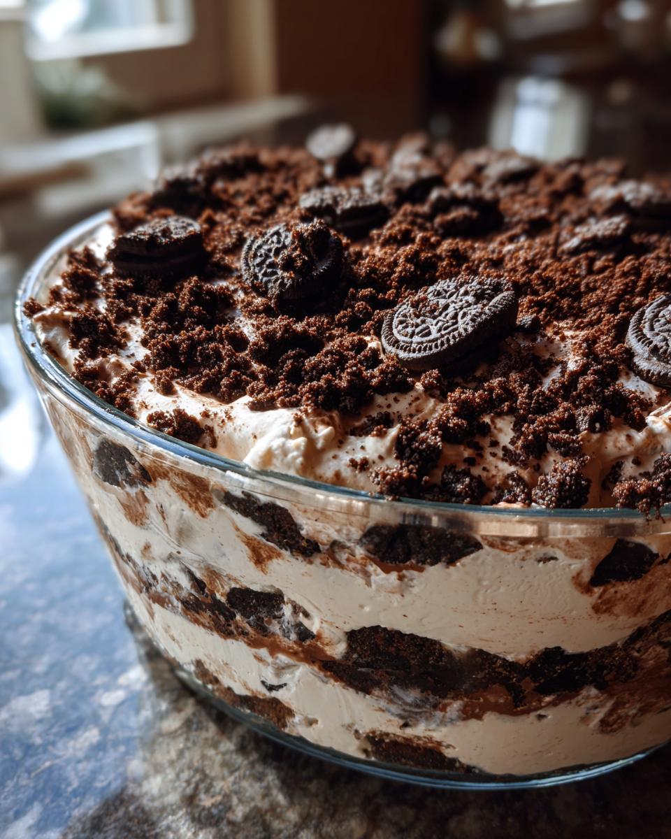 Close-up of a layered Baileys Chocolate Cheesecake Trifle in a glass bowl, topped with crushed cookies and whole mini sandwich cookies.
