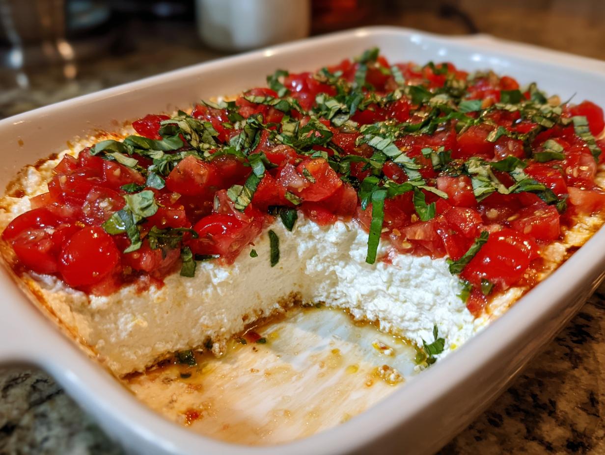 A close-up of a baked bruschetta dip showing a thick layer of white cheese topped with diced tomatoes and fresh basil.
