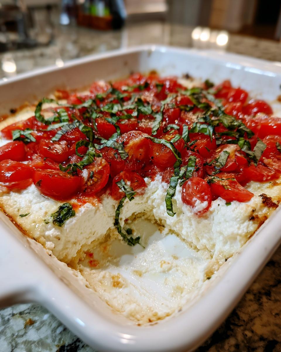 A scoop taken out of a baked bruschetta dip, showing creamy white cheese topped with roasted cherry tomatoes and fresh basil.