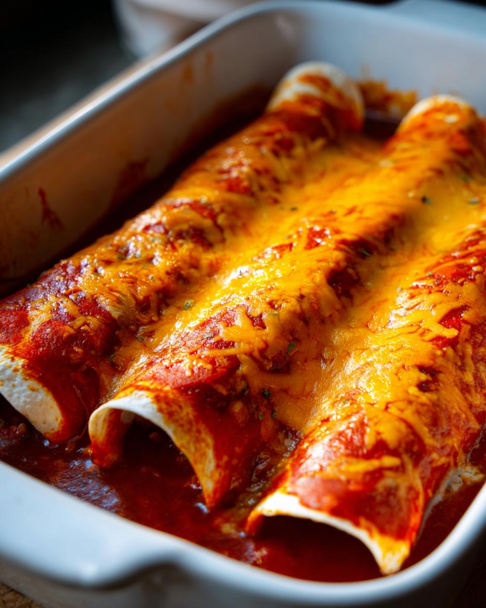 Close-up of baked cheese enchiladas covered in melted orange cheddar cheese sauce.