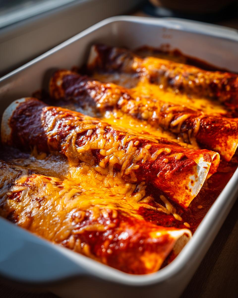 Close-up of baked cheese enchiladas covered in rich red sauce and melted cheddar cheese in a white baking dish.