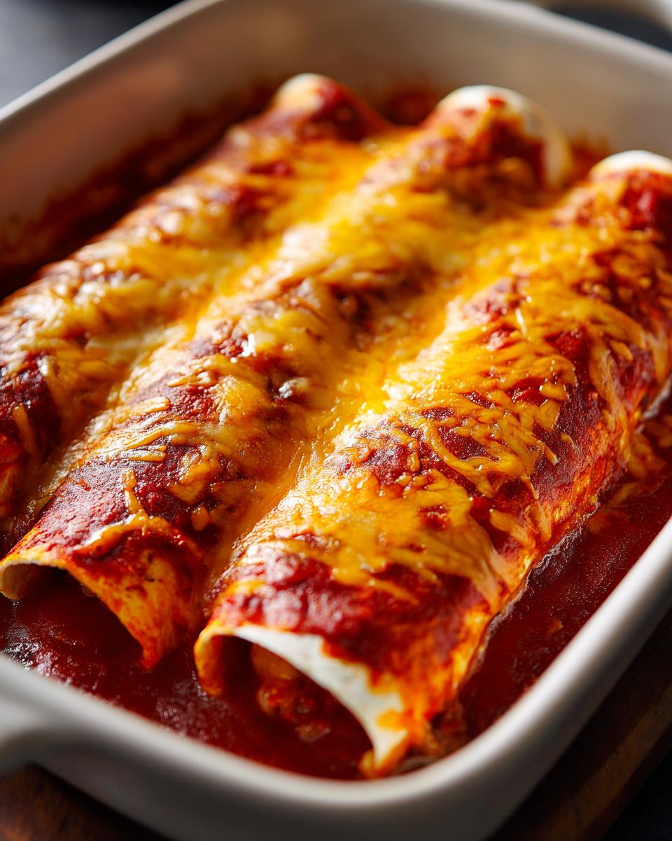 Close-up of three baked cheese enchiladas covered in melted orange cheese and red sauce in a white baking dish.