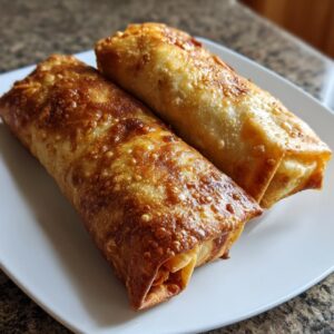 Two perfectly golden brown Baked Chicken Chimichangas resting on a white plate, showing crispy texture.