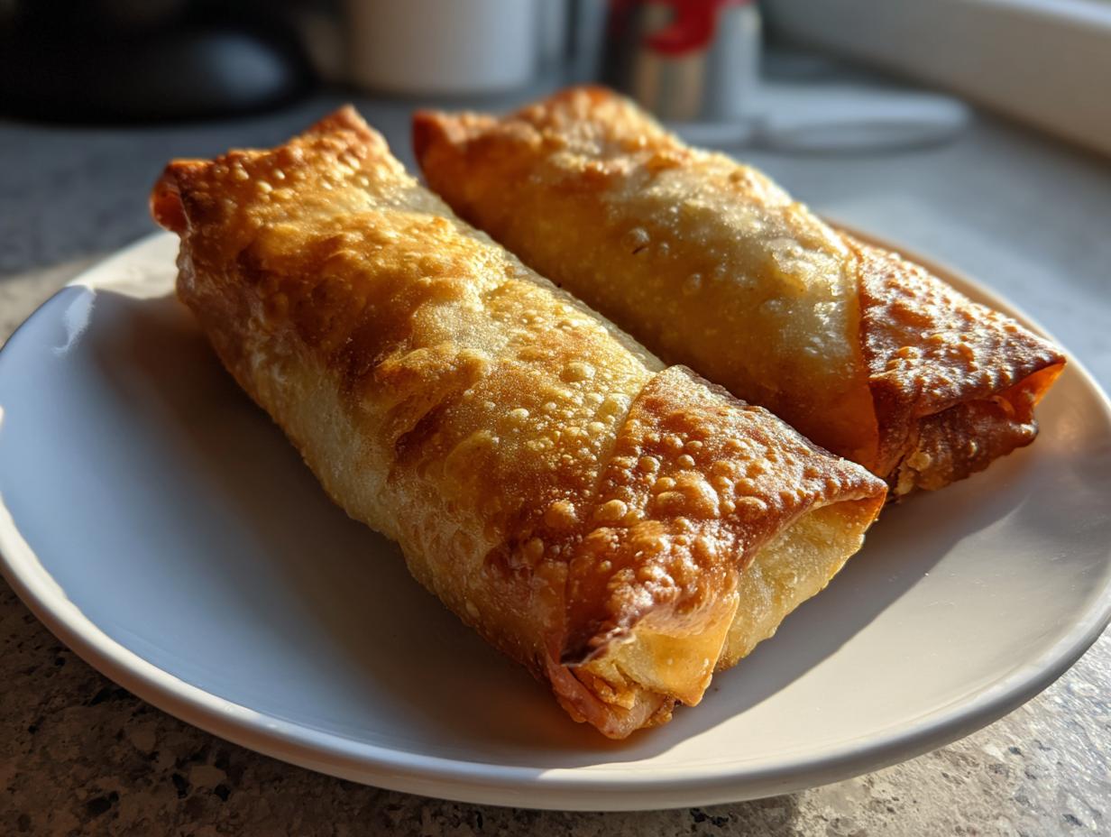 Two perfectly golden brown Baked Chicken Chimichangas resting on a white plate, showing crispy texture.