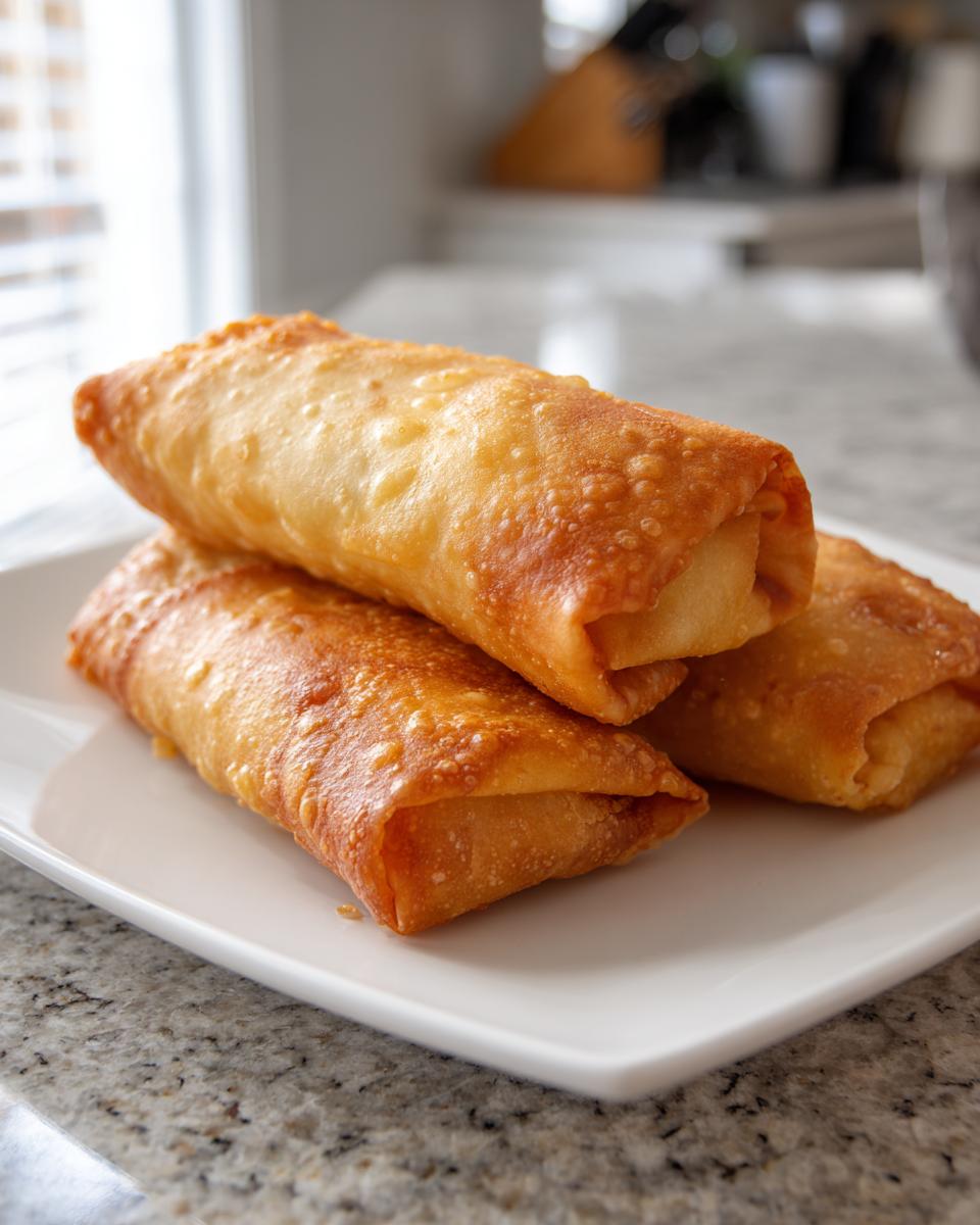 Three golden brown, crispy Baked Chicken Chimichangas stacked on a white square plate.