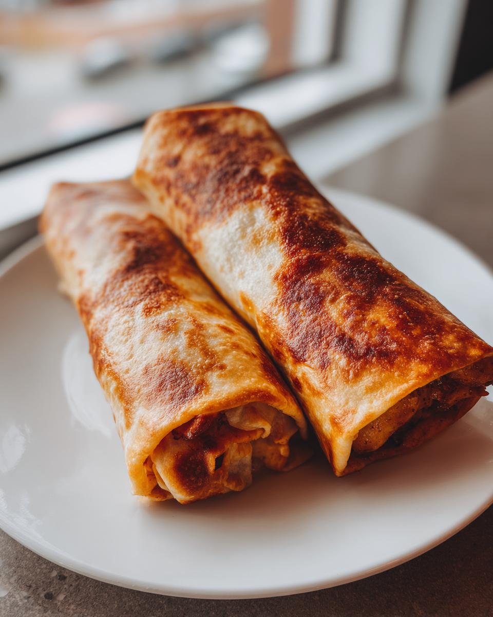 Close-up of two perfectly golden brown Baked Chicken Chimichangas resting on a white plate.