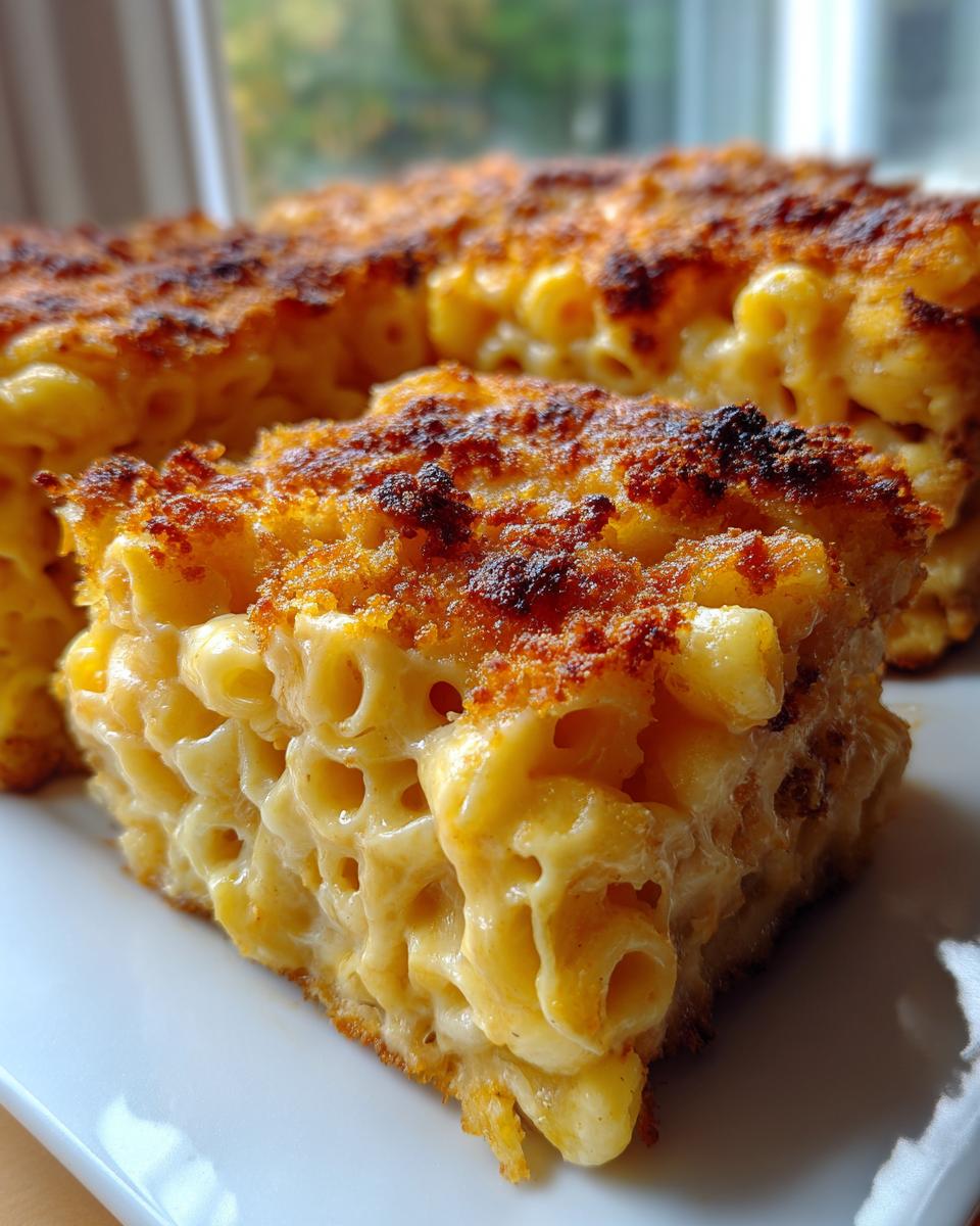Close-up of a thick slice of baked mac and cheese recipe showing creamy noodles and a dark, crispy breadcrumb topping.