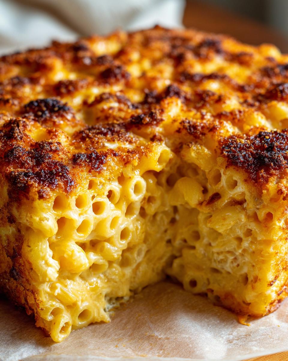 Close-up of a square portion of baked mac and cheese recipe showing creamy interior and dark, crispy cheese crust.