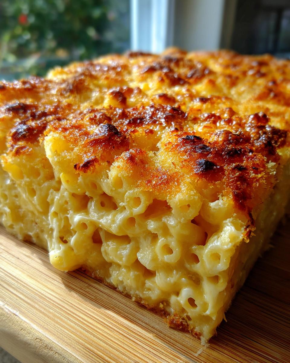 Close-up of a thick slice of creamy baked mac and cheese recipe with a golden brown, crispy topping.