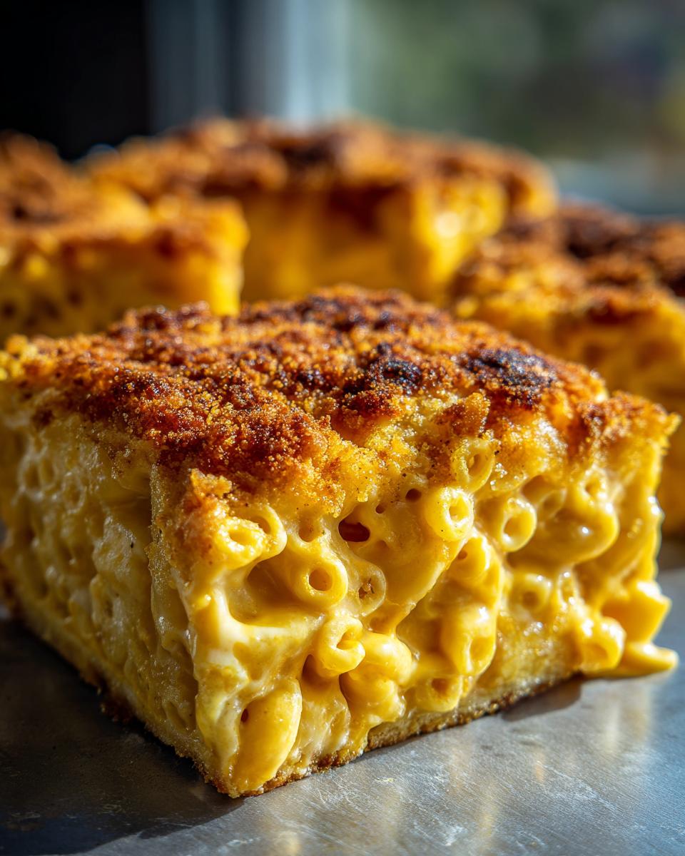 A thick, square slice of creamy baked mac and cheese recipe showing elbow macaroni smothered in cheese sauce and topped with a golden brown crust.