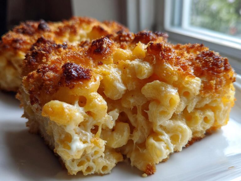 Close-up of a rich, creamy slice of baked mac and cheese recipe with a golden brown, crispy topping.
