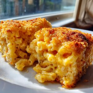 Two servings of rich, creamy baked mac and cheese recipe with a crispy, golden-brown breadcrumb topping.