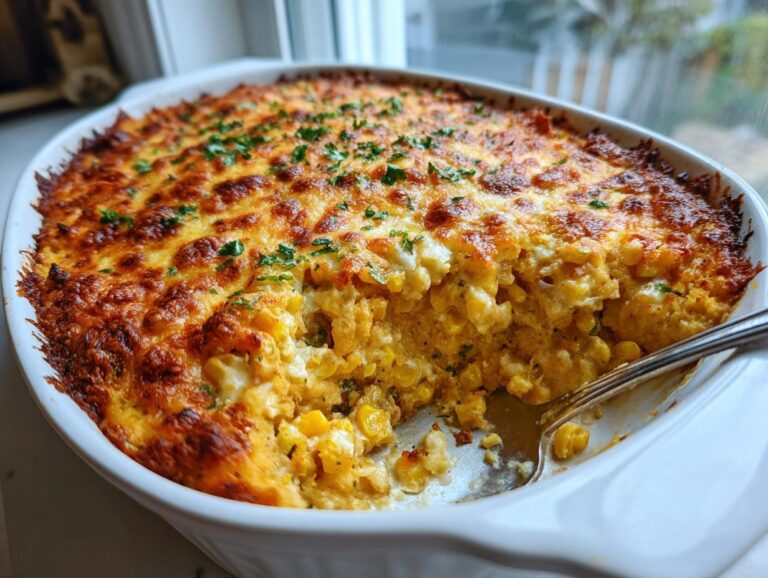 A close-up of hot, baked street corn dip in a white oval dish, showing a golden-brown cheesy crust and a spoonful being lifted out.