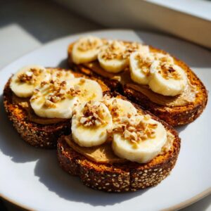 Three slices of sweet potato toast topped with peanut butter, banana slices, and chopped nuts.