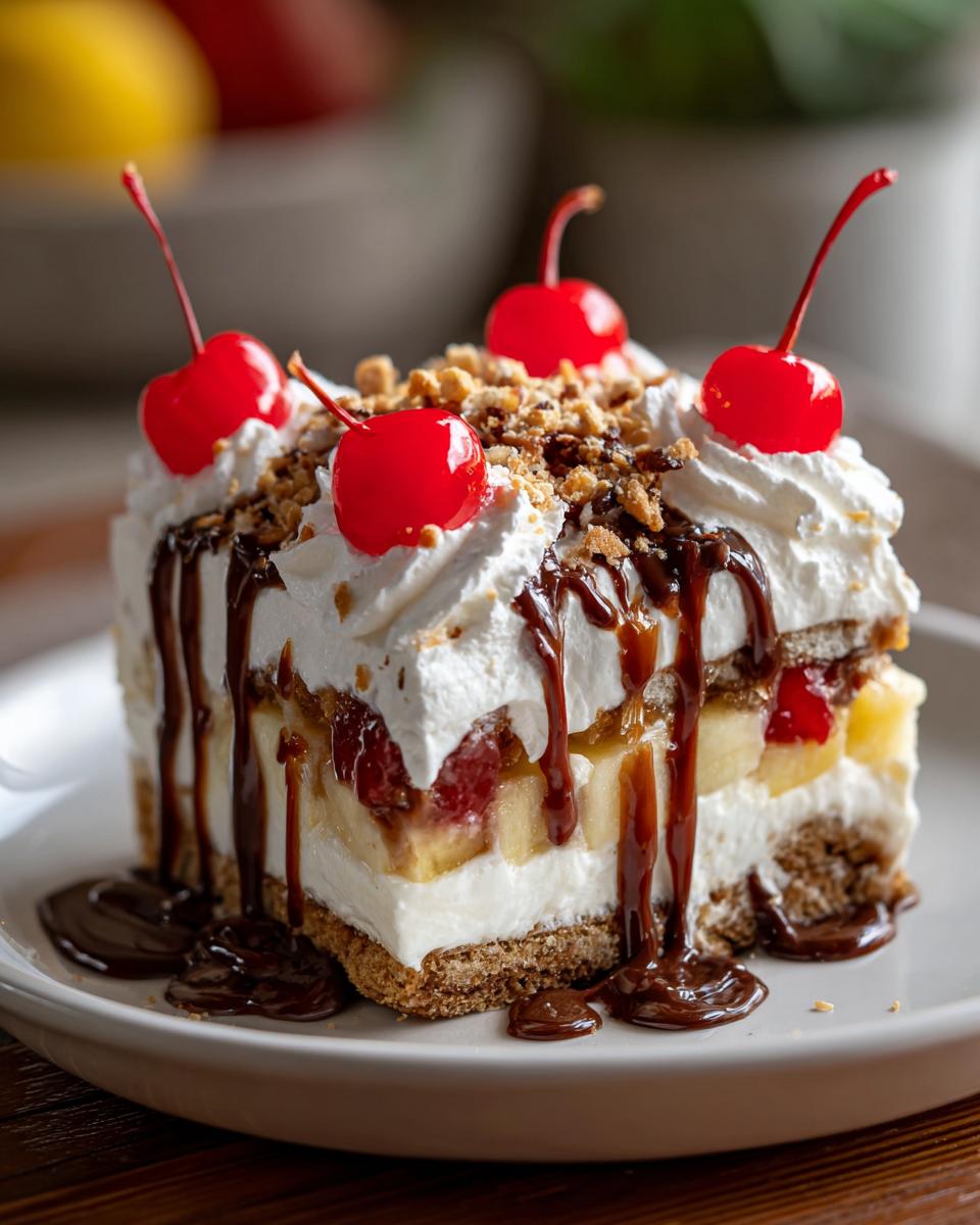 A decadent slice of banana split cake topped with whipped cream, nuts, chocolate syrup, and maraschino cherries.