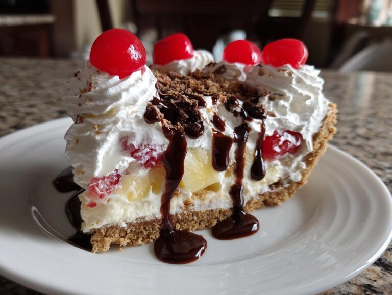 A decadent slice of banana split cake featuring whipped cream, cherries, chocolate syrup, and a graham cracker crust.