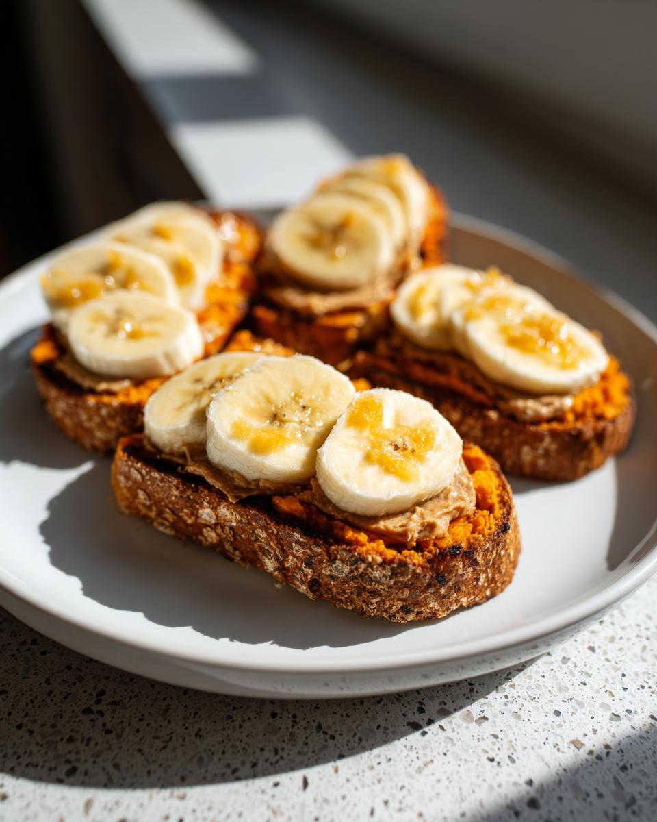 Four slices of sweet potato toast topped with peanut butter, banana slices, and honey, arranged on a white plate.