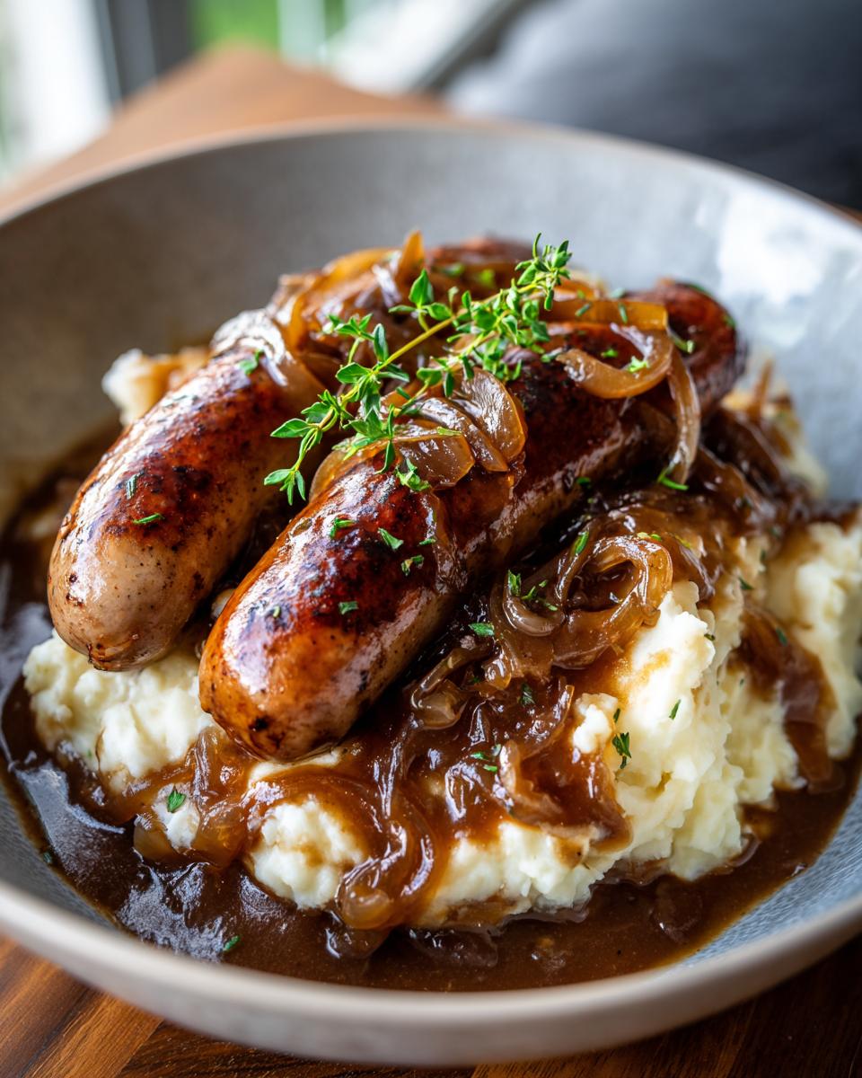Close-up of perfectly cooked bangers and mash topped with rich onion gravy and fresh thyme garnish.