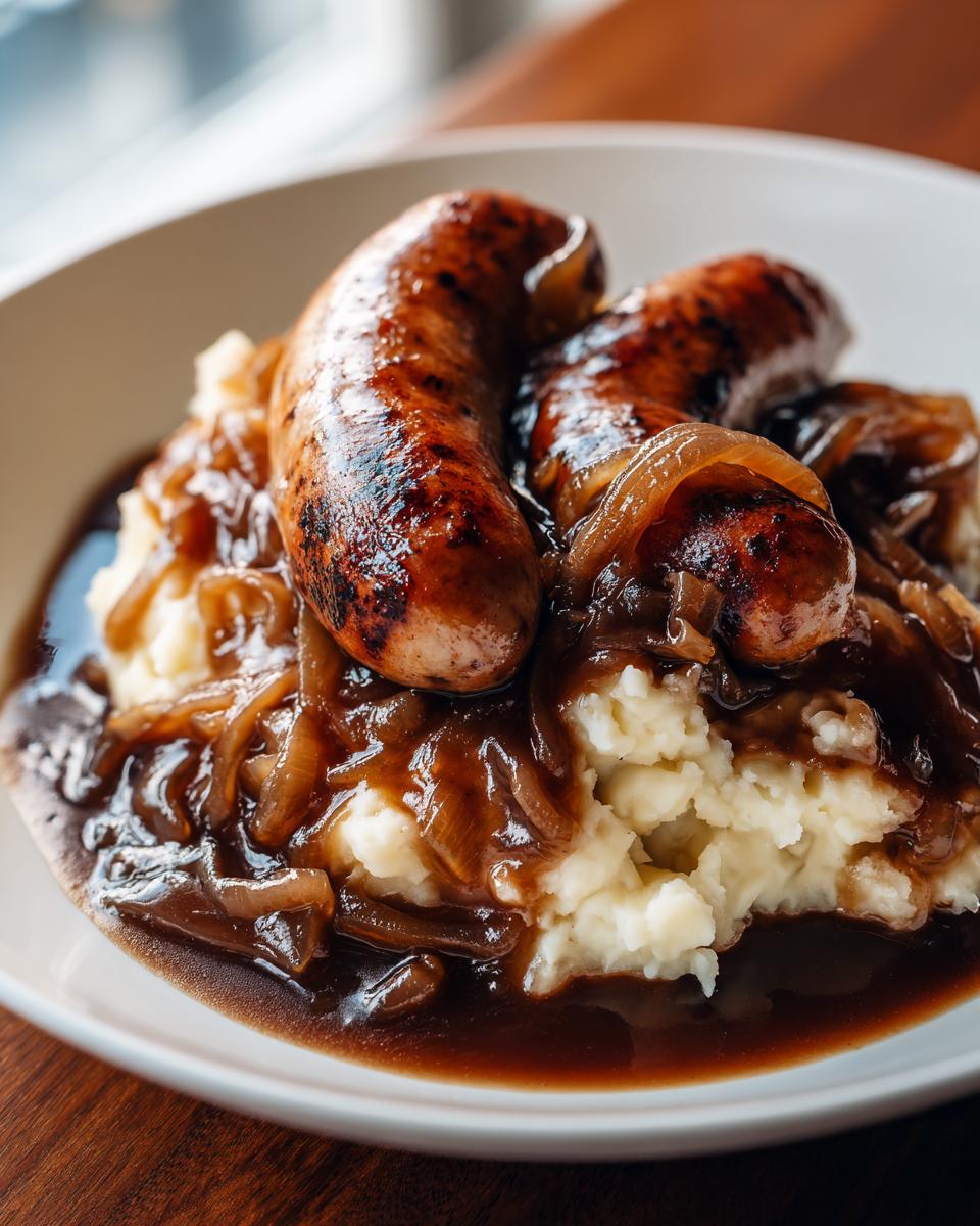 A close-up of perfectly cooked bangers and mash topped with rich onion gravy.