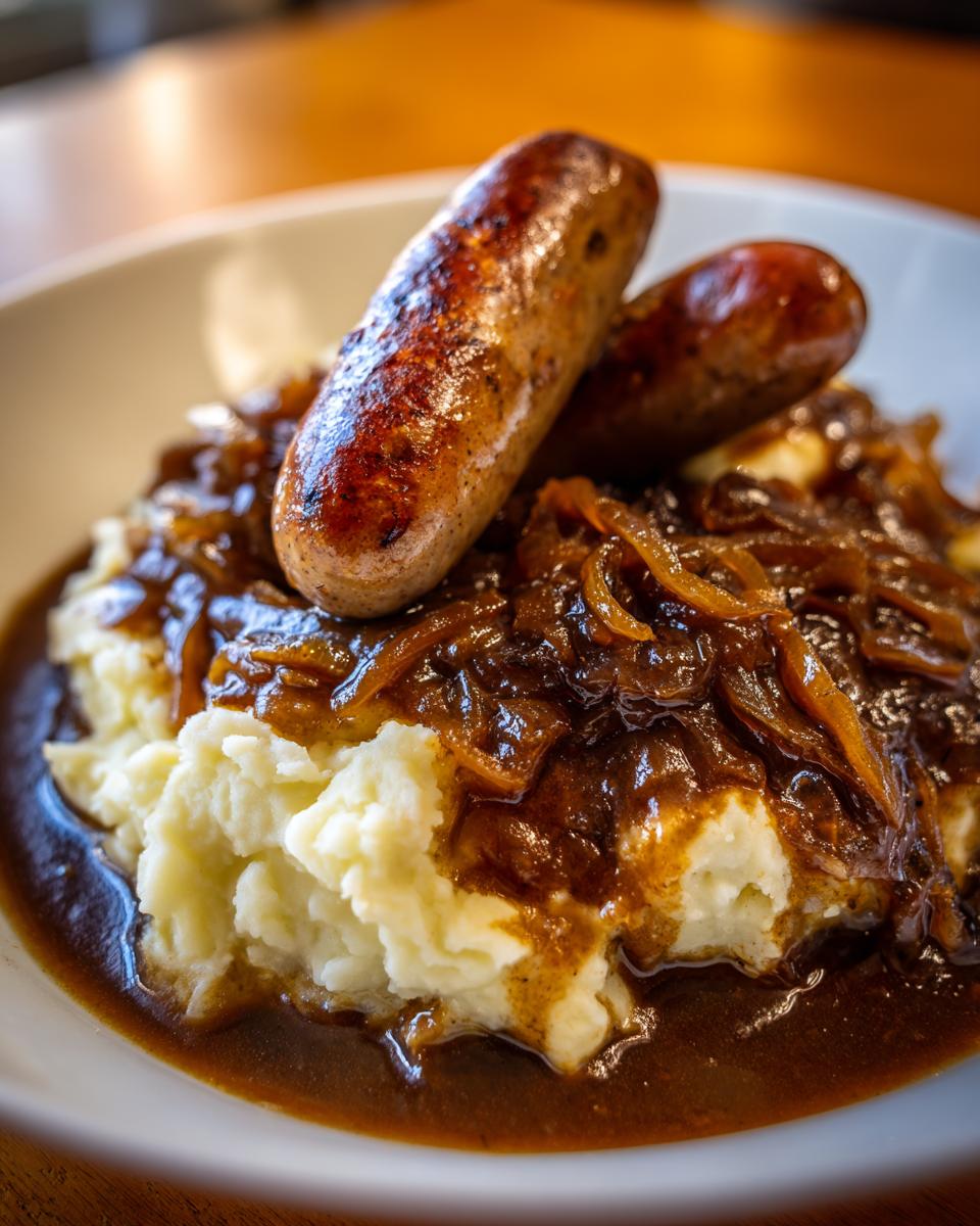 Close-up of two browned sausages atop creamy mashed potatoes covered in onion gravy for bangers and mash.