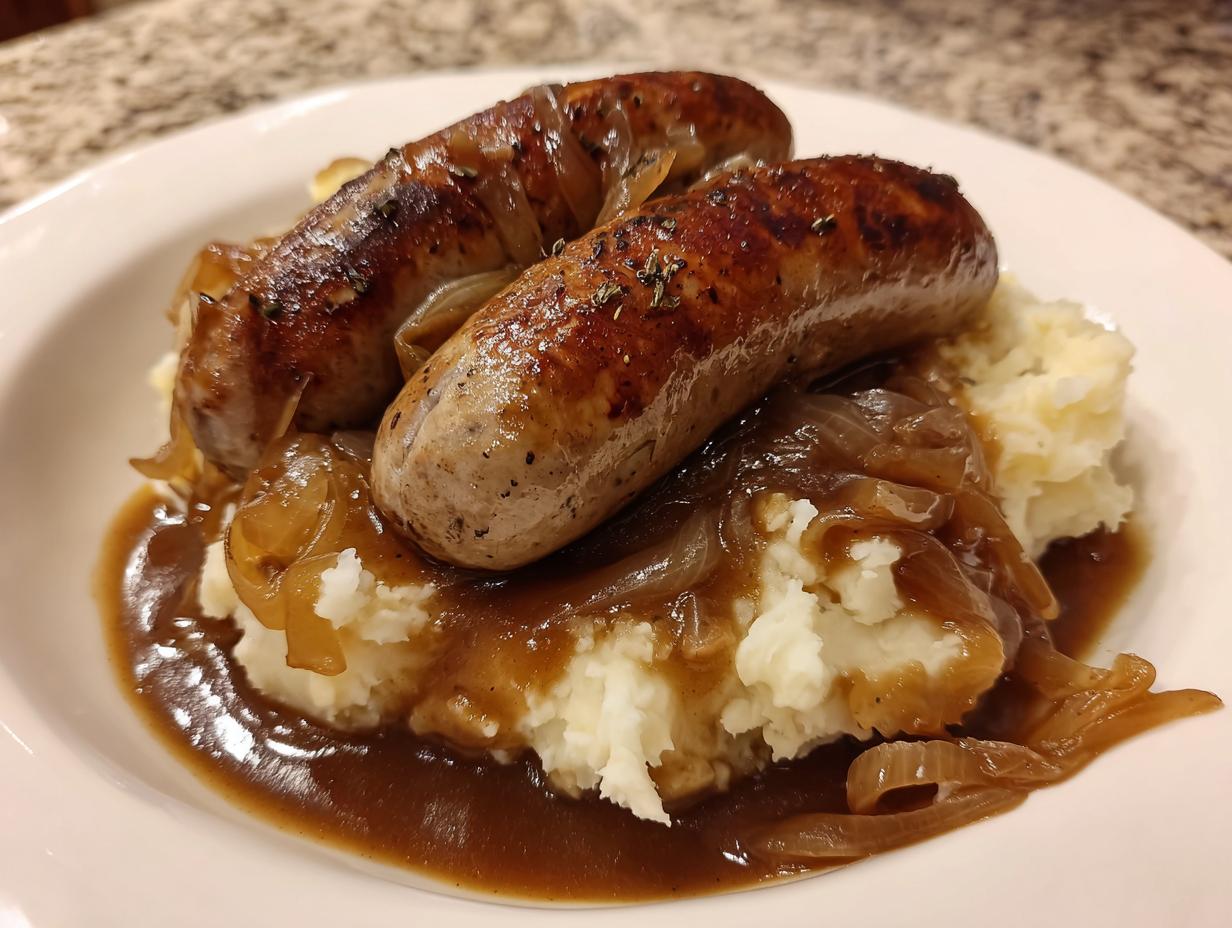 Close-up of two browned sausages served over creamy mashed potatoes, covered in onion gravy for classic bangers and mash.