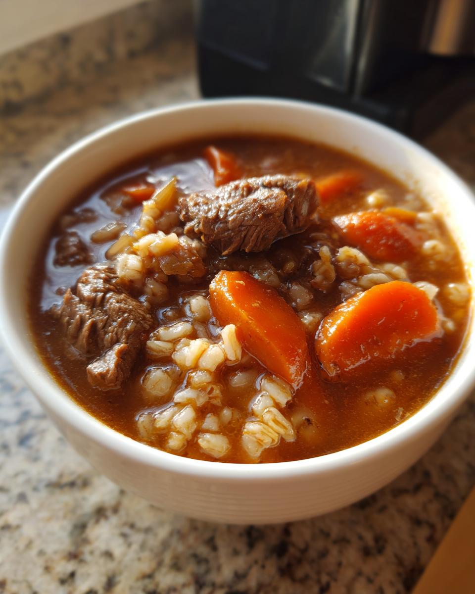 Close-up of a white bowl filled with rich beef barley soup, featuring tender beef chunks and bright orange carrots.