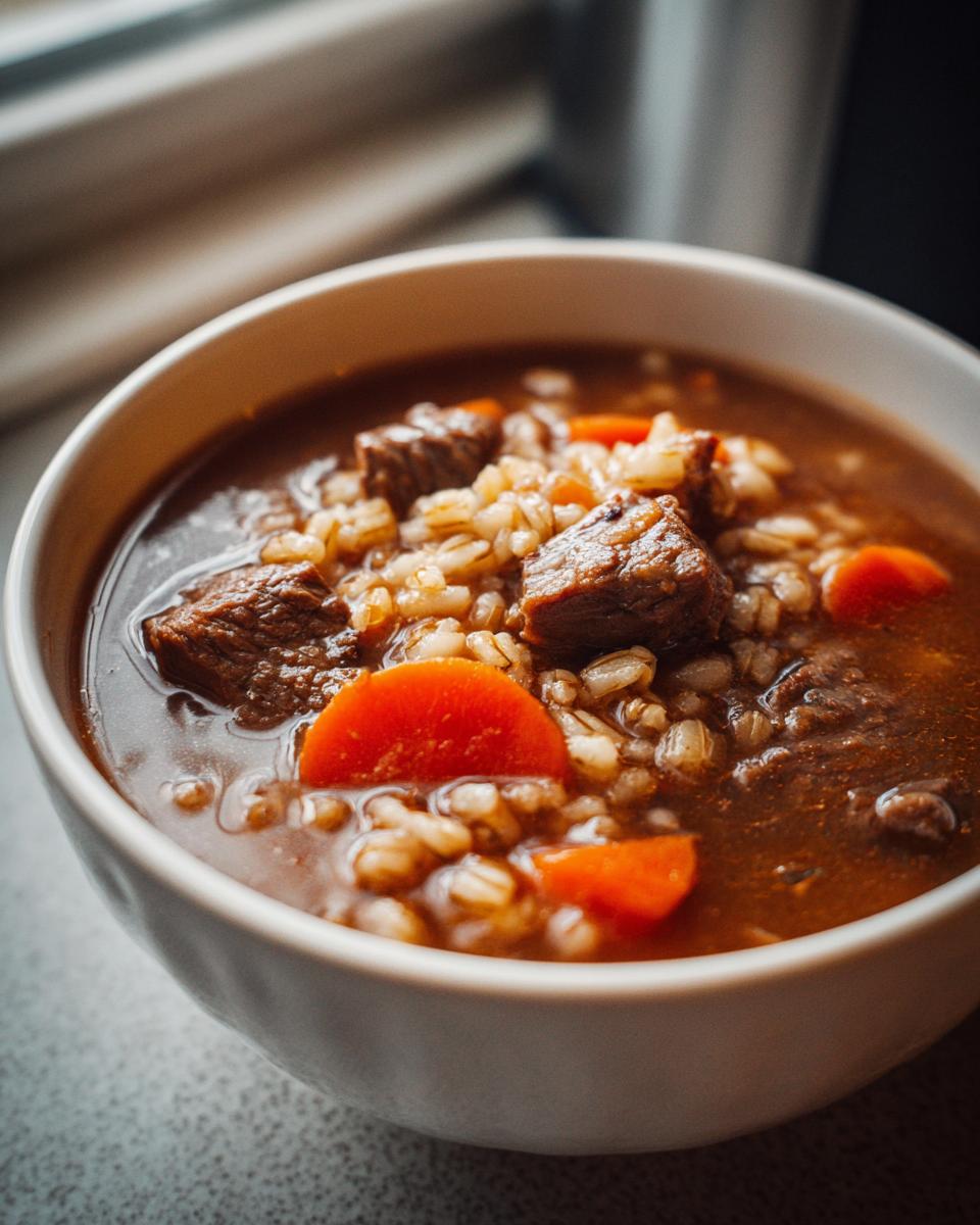 Close-up of a white bowl filled with rich beef barley soup, featuring chunks of beef, plump barley, and bright orange carrot slices.