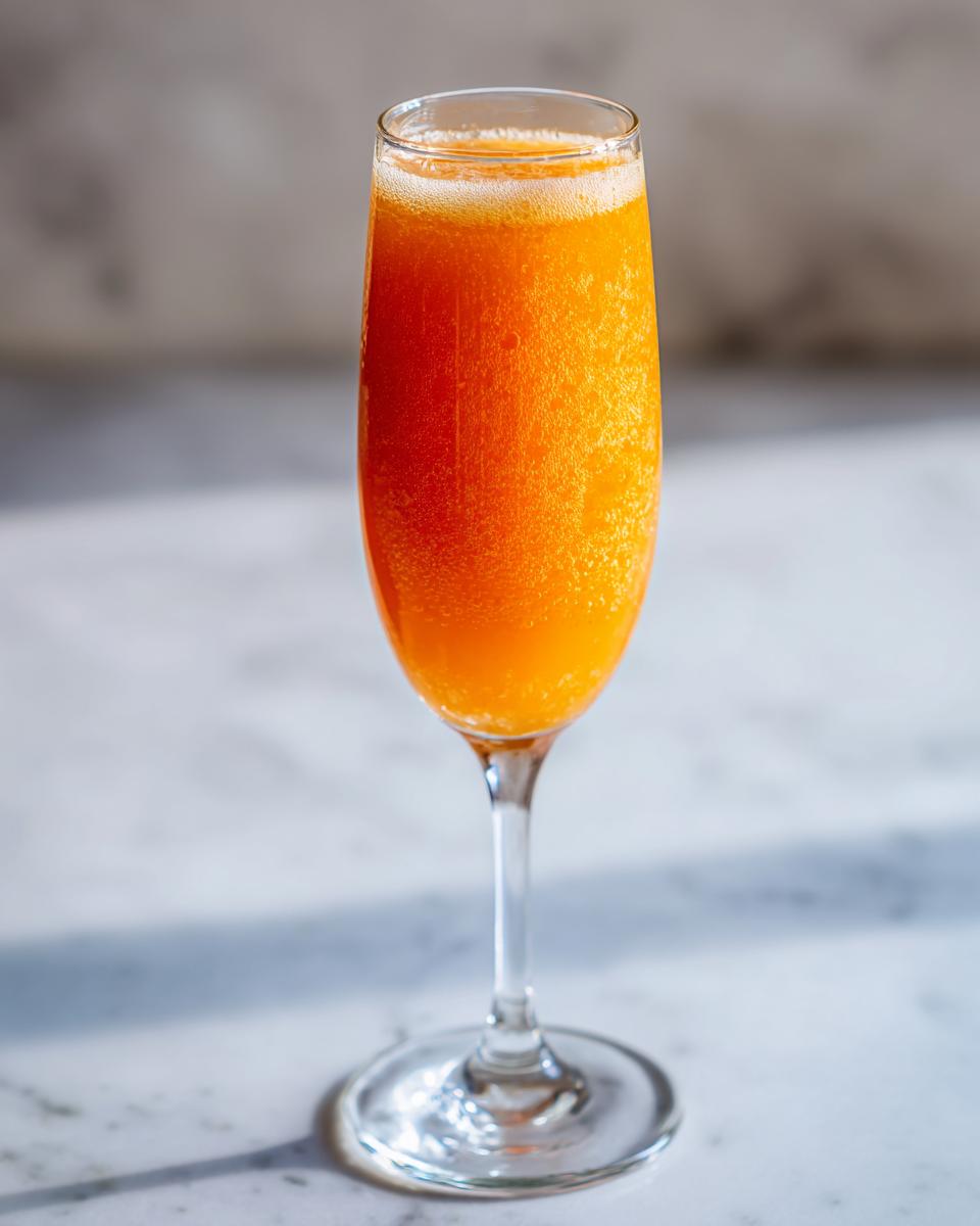 A tall, effervescent glass filled with an orange Bellini recipe cocktail, set on a marble surface.
