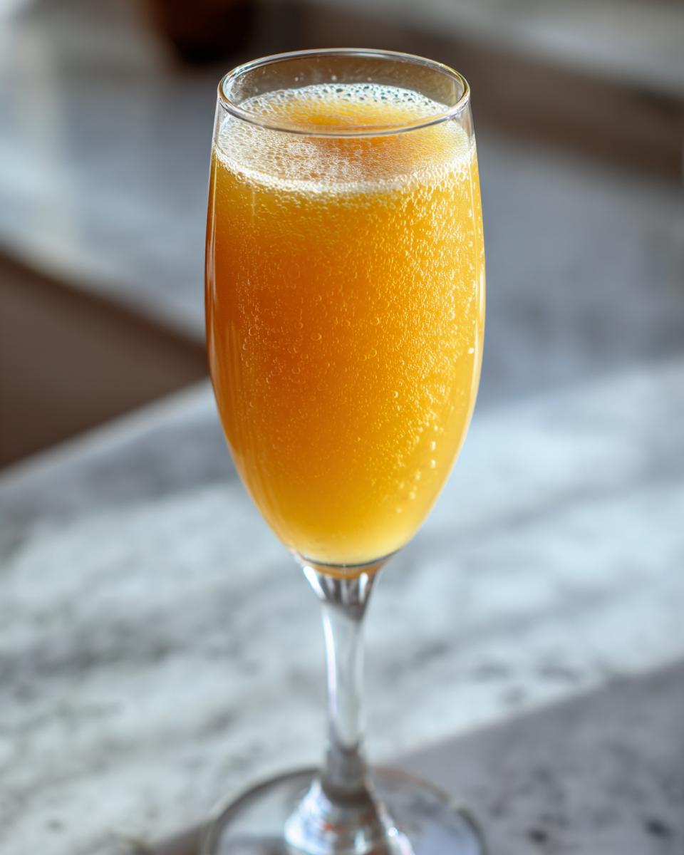 Close-up of a fizzy, bright orange bellini recipe cocktail served in a tall champagne flute.