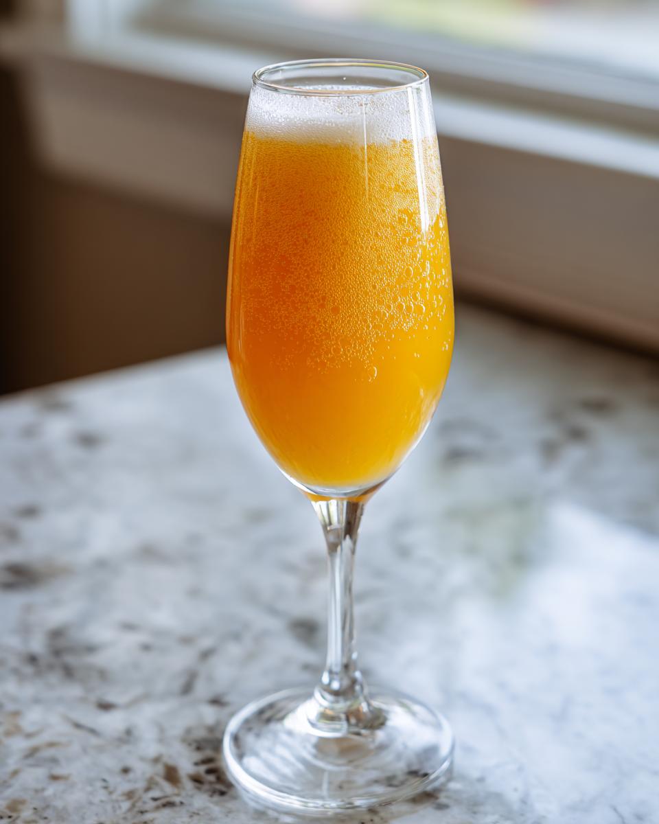 A single, vibrant orange bellini recipe cocktail served in a tall champagne flute glass on a marble countertop.