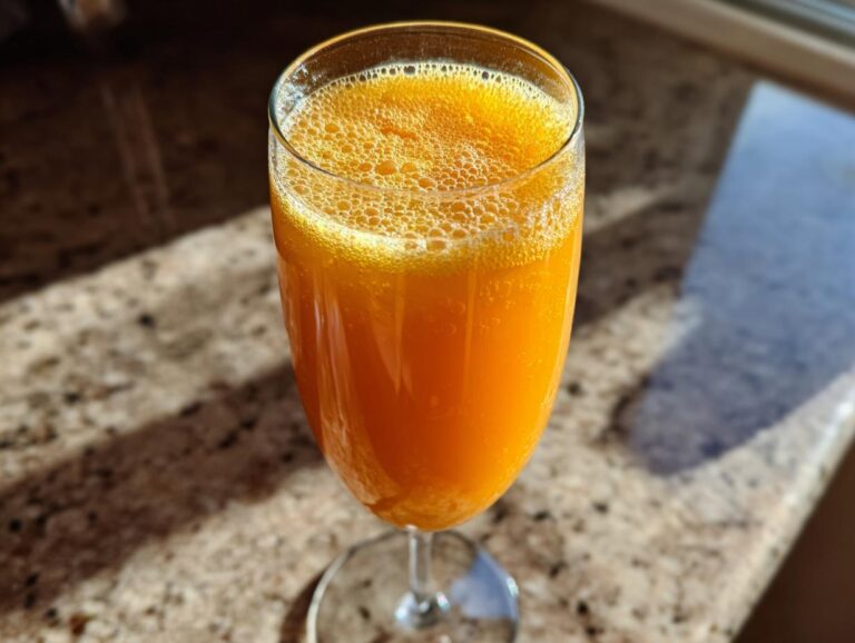 Close-up of a vibrant orange bellini recipe cocktail in a champagne flute, showing foam on top, sitting on a granite counter.