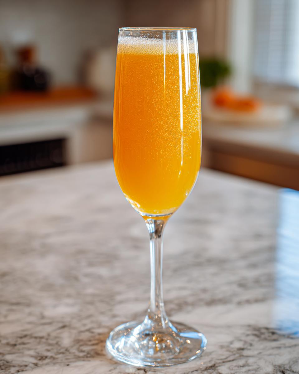 A tall flute glass filled with a vibrant orange, fizzy bellini recipe cocktail sitting on a marble countertop.